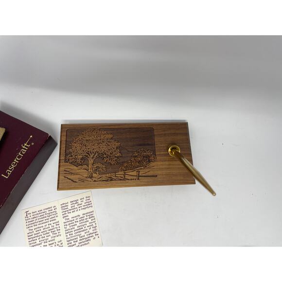 Vintage Desk Set -Gold Pen by Lasercraft ~Solid American Walnut With Tree Design - Picture 3 of 14